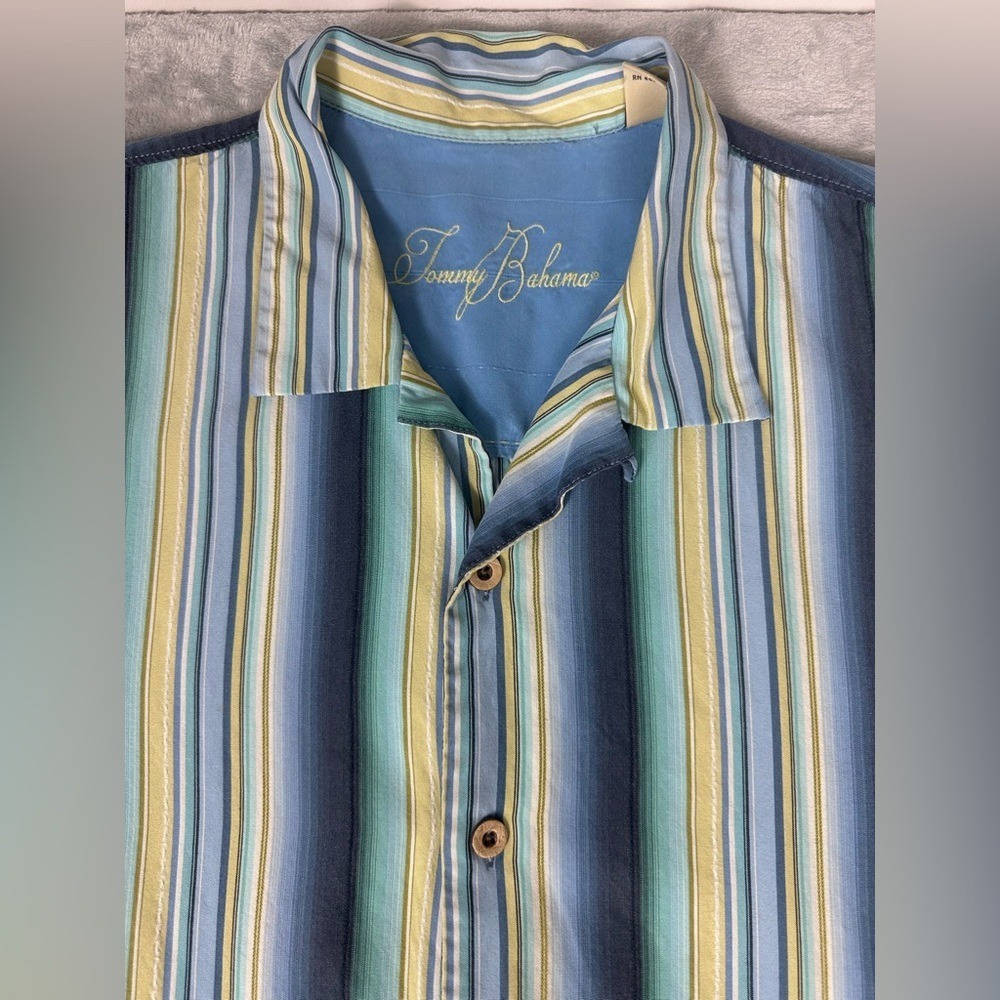 Tommy Bahama Button Up Shirt Mens L Striped Short Sleeve Silk Tencel Blue Yellow